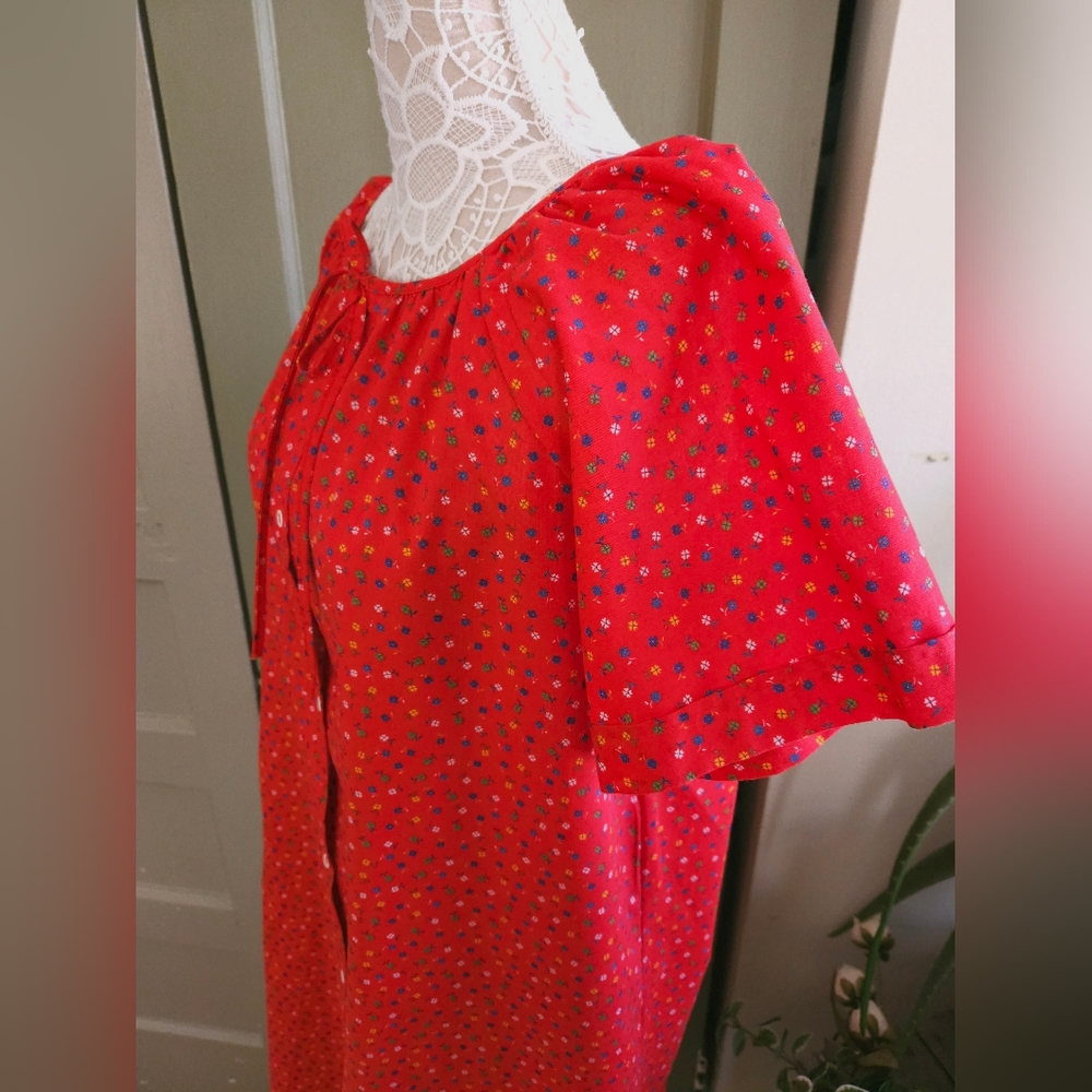 Vintage 80s Red Floral Snap Smock Craft House Dress Apron Womens Large - Picture 3 of 14